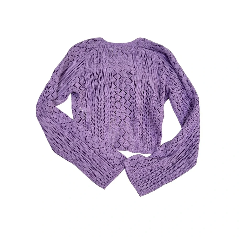 Noisy May Purple Pointelle Knit Rouched V-Neck Cropped Sweater Small